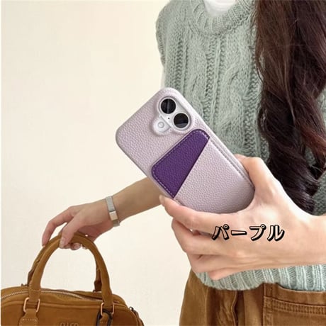 【N199】ライチレザーiPhone16/15/14など対応ケース シンプルのカラー カード収納 韓国風 保護カバー