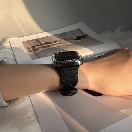 【N300】編込み本革applewatchバンド おしゃれ ブラック Set