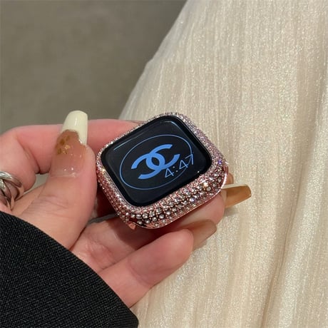 【N389】「保護フィルム一体型」アップル ウォッチ カバー キラキラ ラインストーン applewatch7/8/SEケース 高級 女性