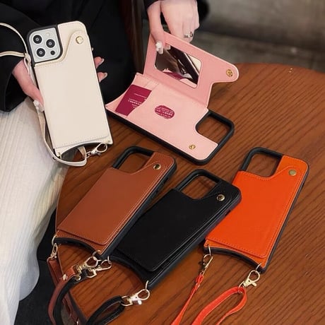 【N183】カード収納付きショルダースマホケース ミラー付きicカード iPhone16/15/14/13ケース 斜めがけ