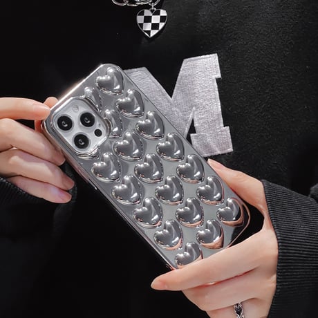 【N193】立体ハート柄iPhone16/15proケース かわいいピンク ぷくぷく