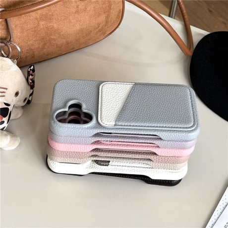 【N199】ライチレザーiPhone16/15/14など対応ケース シンプルのカラー カード収納 韓国風 保護カバー
