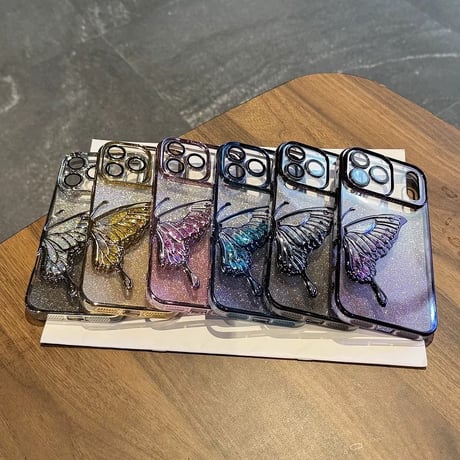 【N532】蝶々 iphone17/17proケース グリッター iphone16/16pro ケース キラキラ 透明「グラデーションのシール付き」