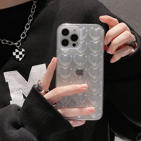 【N193】立体ハート柄iPhone16/15proケース かわいいピンク ぷくぷく