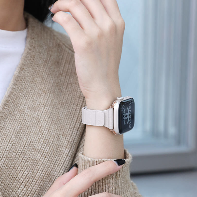 大人気 Apple Watch バンド レザー調 ホワイト マグネット ベルト - 時計