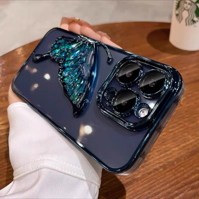 蝶の標本 17頭　ガラスケース入り N532】蝶々 iphone17/17proケース グリッター iphone16/16pro