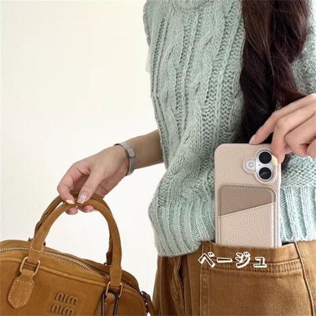 【N199】ライチレザーiPhone16/15/14など対応ケース シンプルのカラー カード収納 韓国風 保護カバー