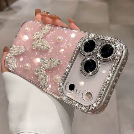 【N778】iPhone ケース キラキラ スマホケース デコ バタフライ カメラ保護フィルム 付き