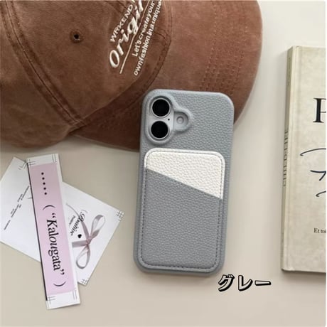 【N199】ライチレザーiPhone16/15/14など対応ケース シンプルのカラー カード収納 韓国風 保護カバー