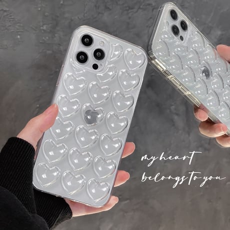 【N193】立体ハート柄iPhone16/15proケース かわいいピンク ぷくぷく