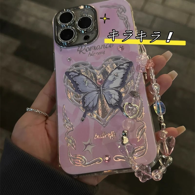 N182】iPhone15/14/13/12など対応ケース 蝶 かわいい 女子 人気 ピン
