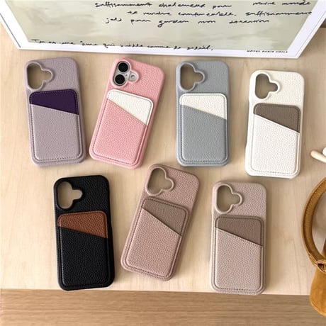 【N199】ライチレザーiPhone16/15/14など対応ケース シンプルのカラー カード収納 韓国風 保護カバー