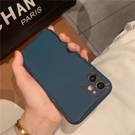 【N138】ネビーブルー高級レザーiPhone15/14/13min/12/11ハードケース 高級感 メッキゴールドフレーム