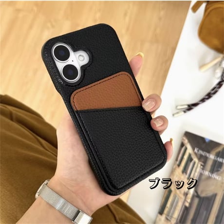 【N199】ライチレザーiPhone16/15/14など対応ケース シンプルのカラー カード収納 韓国風 保護カバー