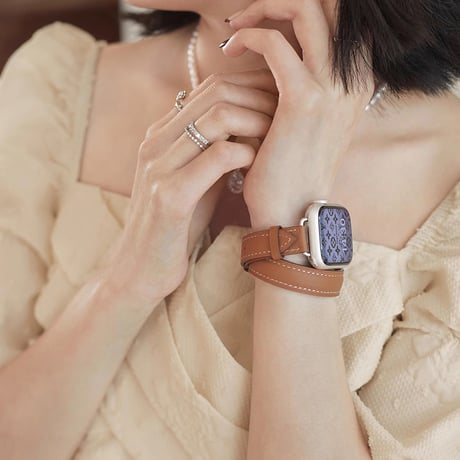 【N332】希少品 アップル ウォッチ シリーズ 10 バンド 二 重 本革 apple watch バンド レザー 高級 オレンジ グレージュ