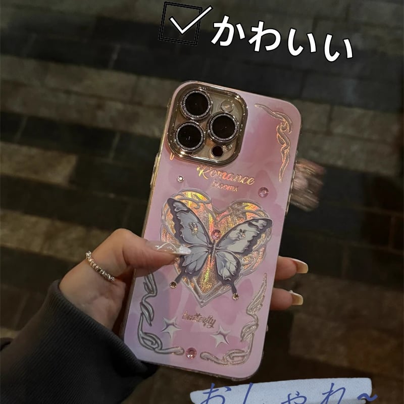 N182】iPhone15/14/13/12など対応ケース 蝶 かわいい 女子 人気 ピン