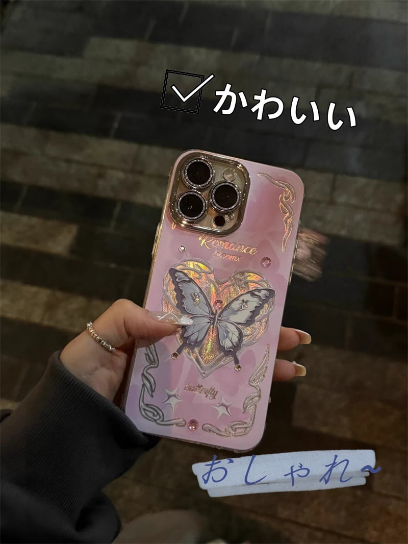 N182】iPhone15/14/13/12など対応ケース 蝶 かわいい 女子 人気 ピン
