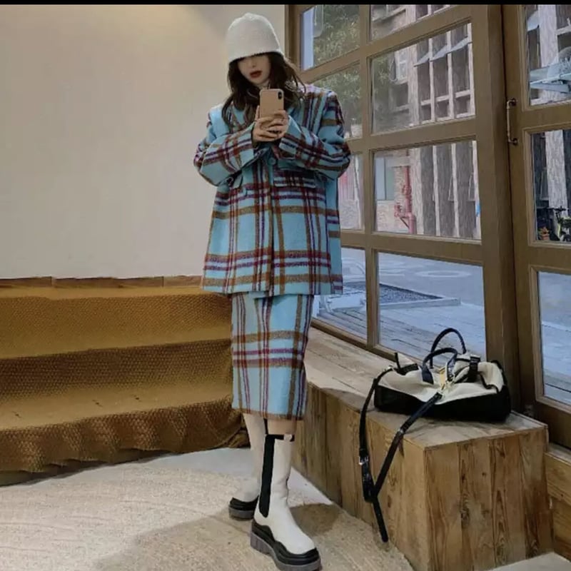 【正規品】カイチェックセット 新作】チェックコート&スカートセットアップ | Style