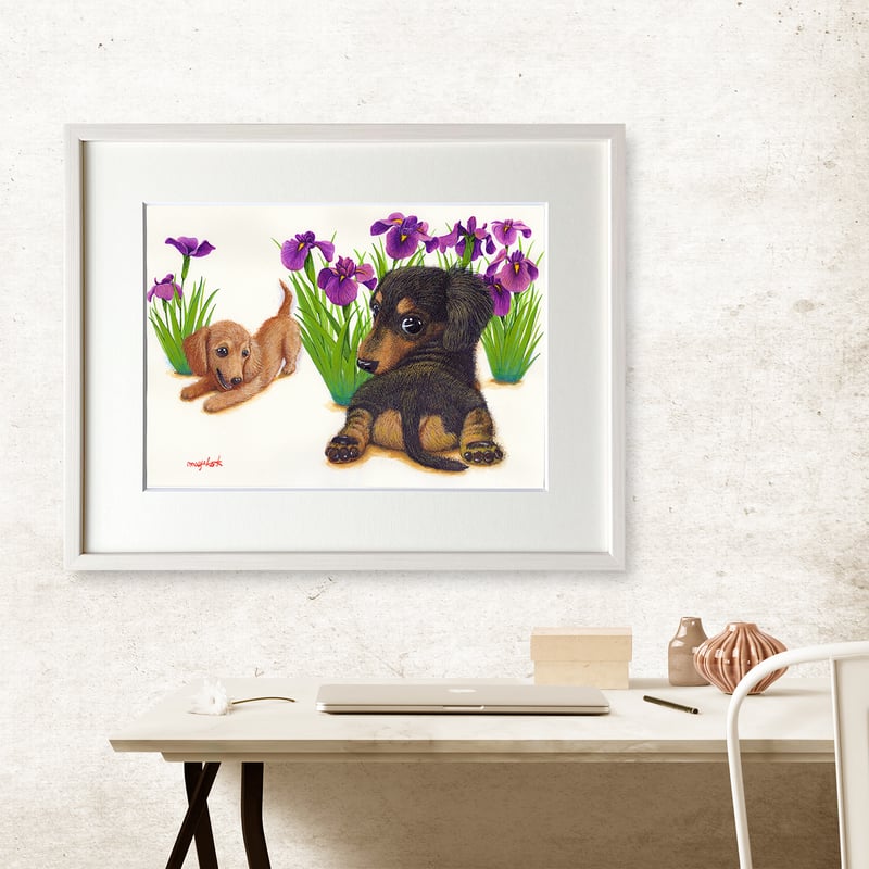 ダックスフンド】うちの子絵画『あそぼ』イラスト（額・マット付き