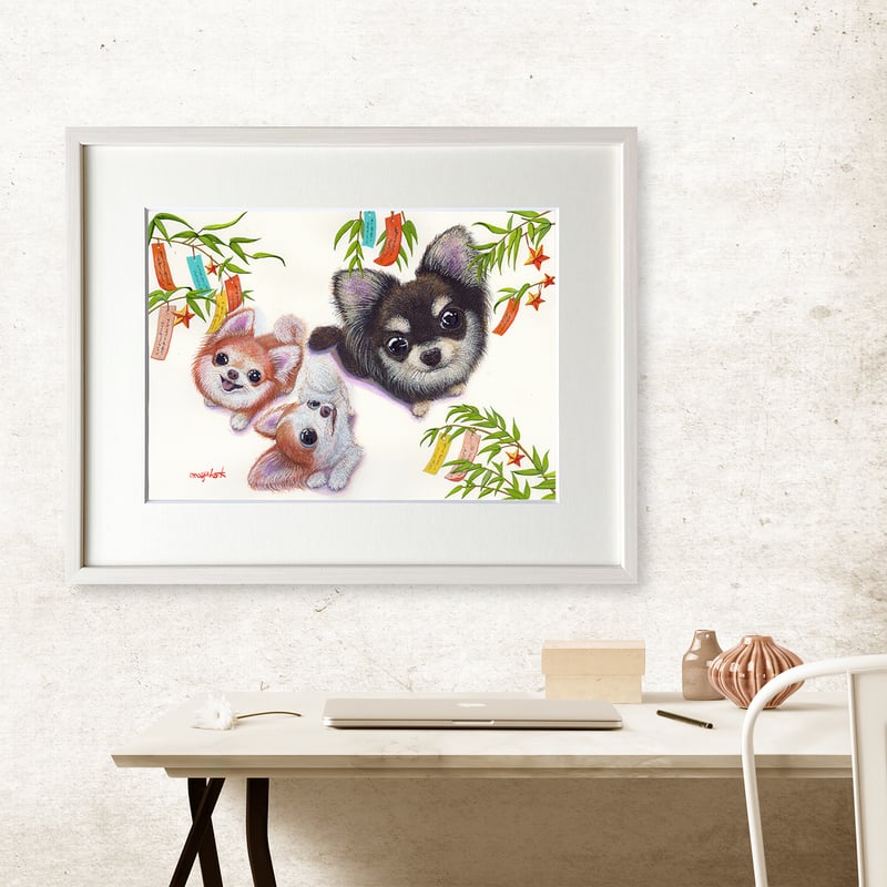 チワワ】うちの子絵画『天までとどけ』イラスト（額・マット付き