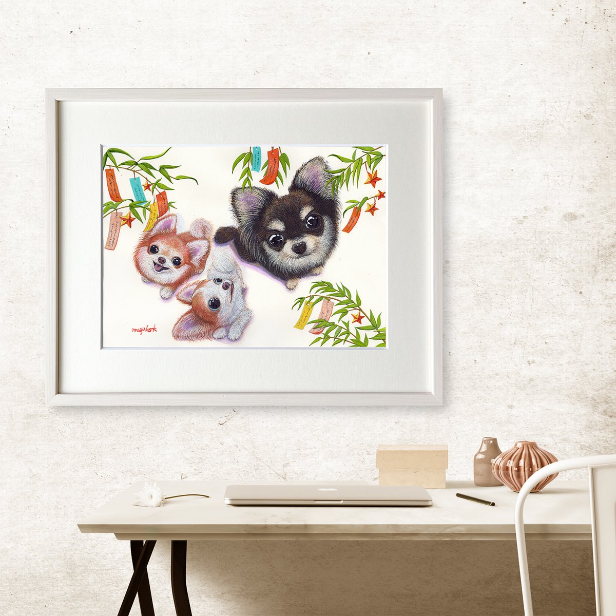 【原画 一点物】子犬と海｜手描きアクリル画 F6｜犬の絵・動物アート 原画 一点物】子犬と海｜手描きアクリル画 F6｜犬の絵・動物アート