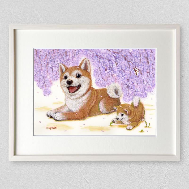 柴犬】うちの子絵画『らんまん』イラスト（額・マット付き）オリジナル