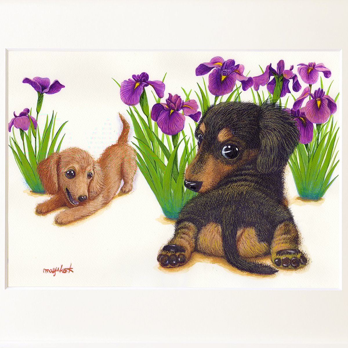アクリル画 ミニチュアダックス  犬 動物 ダックスフンド】うちの子絵画『あそぼ』イラスト（額・マット