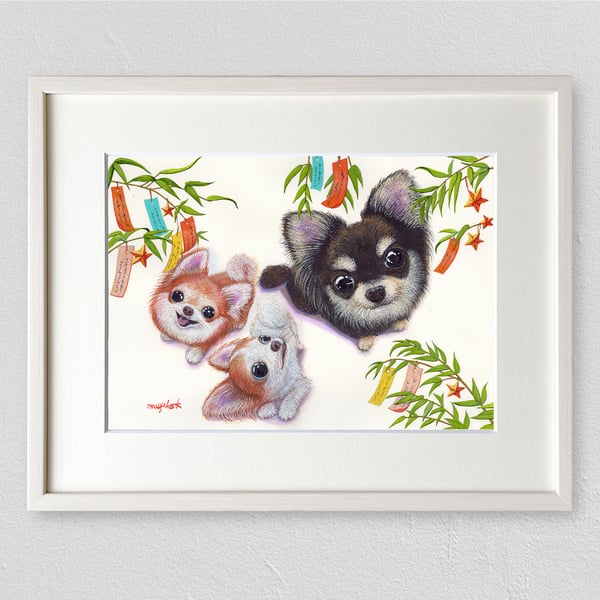 原画】『ある日の街角』（絵画黒猫チワワ）