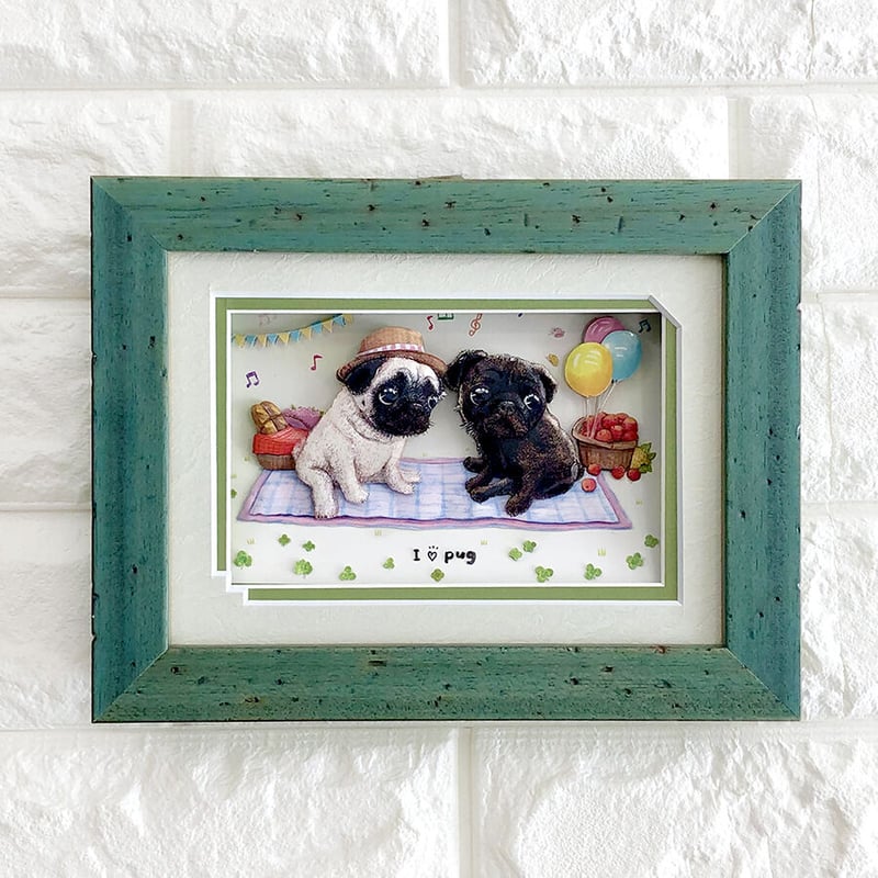 パグ】シャドウボックス（額・マット付き・送料無料）工芸／絵画