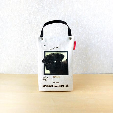 黒パグ「I ♡ PET」ペットボトルホルダー（ペットボトルバック）品番：KMパグ「つれてって」絵本『ぼくぱぐ』コラボ【保冷・保温エコバッグ】