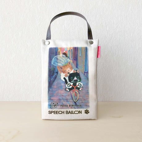 ネコの恋人「I ♡ PET」ペットボトルホルダー（ペットボトルバック）（パンナ&ブラウニー Panna  Brownie  "自転車"）絵本『さすらいのルーロット』コラボ【保冷・保温エコバッグ】
