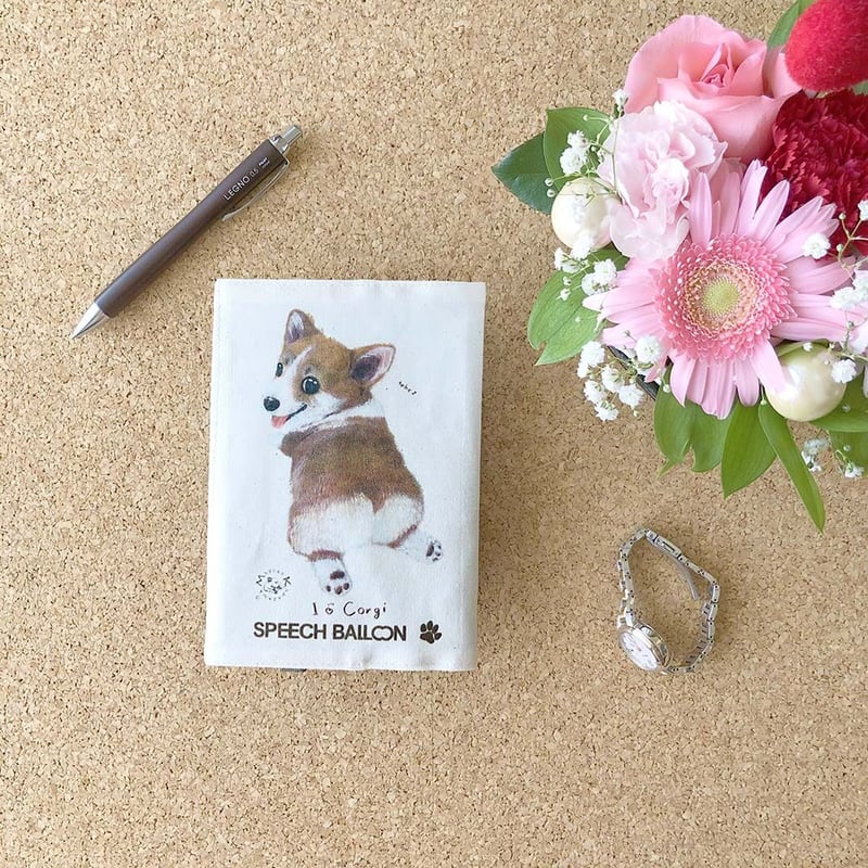 花畑のきつねとコーギー 文庫本サイズ ブックカバー ハンドメイド 花畑のきつねとコーギー 文庫本サイズ ブックカバー ハンドメイド