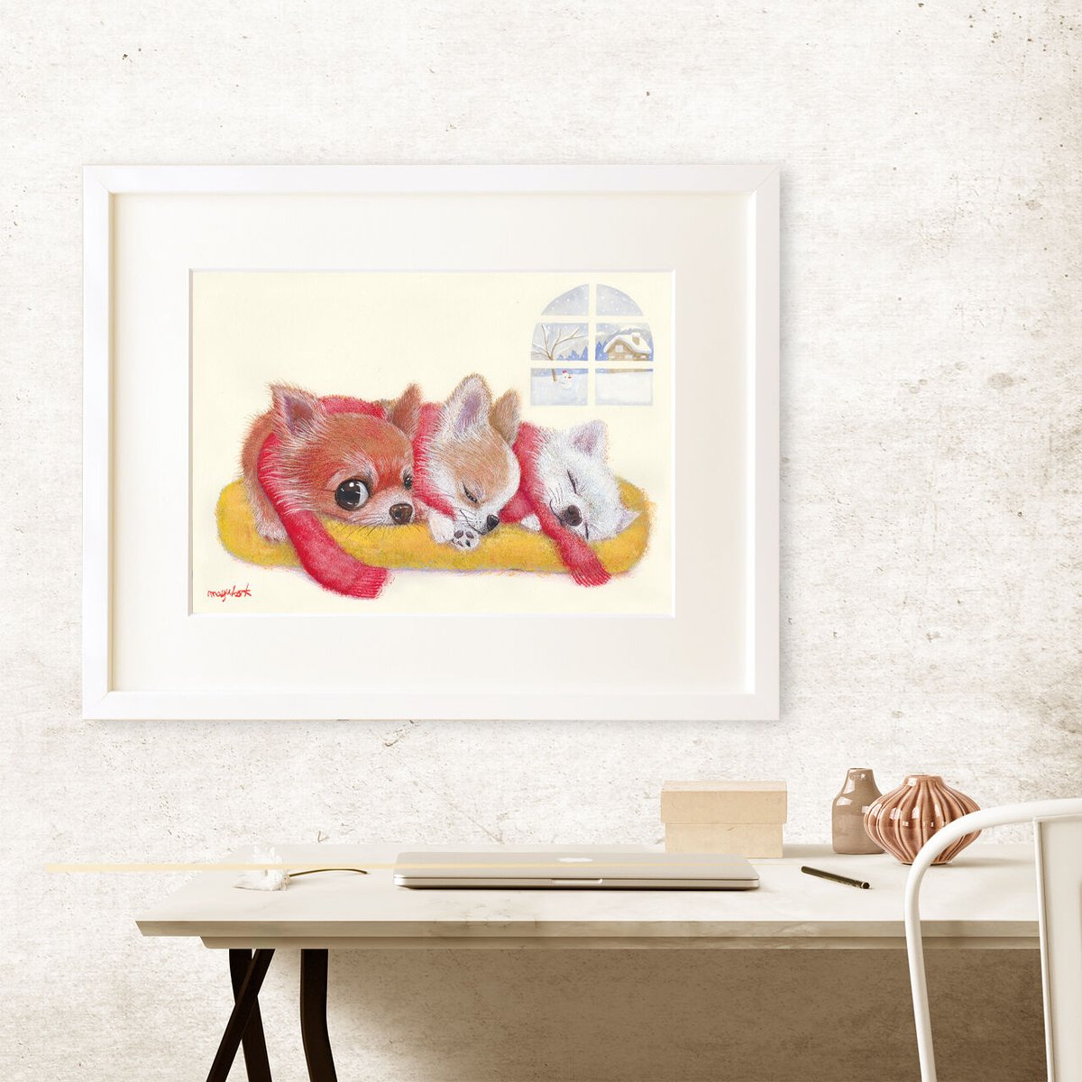 チワワ『いっしょだよ』イラスト絵画（額・マット付き）オリジナル原画 