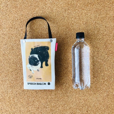 黒パグ＆フォーンパグ「I ♡ PET」ペットボトルホルダー（ペットボトルバック）品番：KMパグ「そばに」お散歩バック／絵本『ぼくぱぐ』コラボ【保冷・保温エコバッグ】