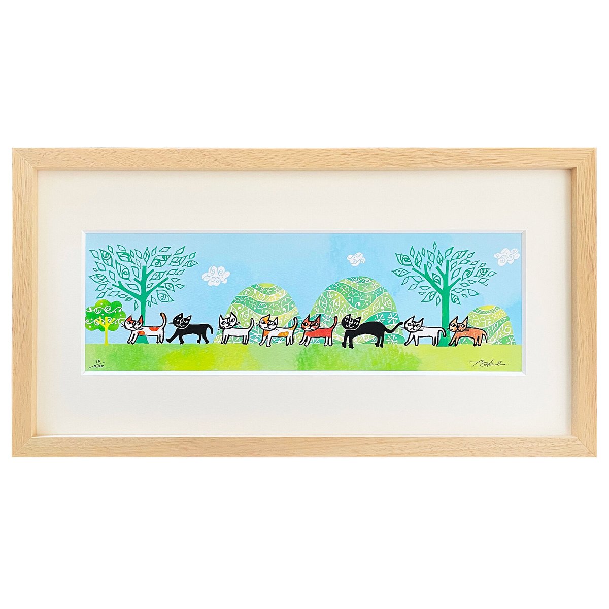 おかべてつろう 額装ジークレープリント【森のお散歩】※納期約2〜4週間