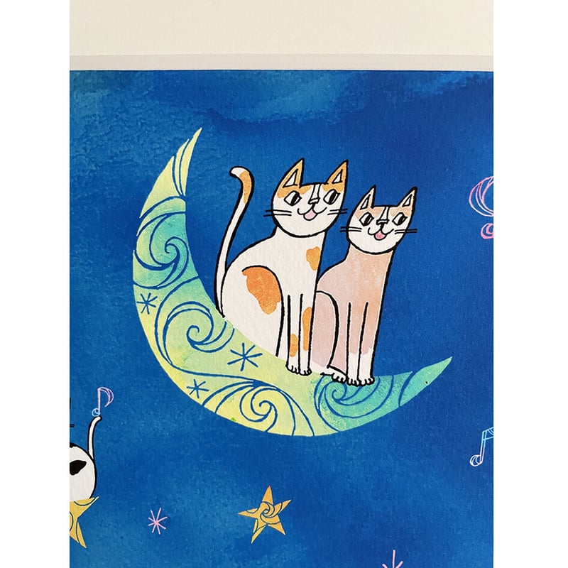 希少　おまけ付き　おかべてつろう　サイン入り　ジークレープリント　猫　アート おかべてつろう 額装ジークレープリント【音楽は心を軽くしてくれる