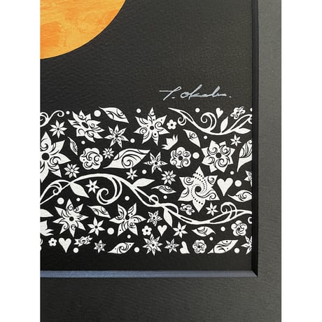 おかべてつろう 額装ジークレープリント【お月さまを飛びこえて/白猫バージョン】※納期約2〜4週間