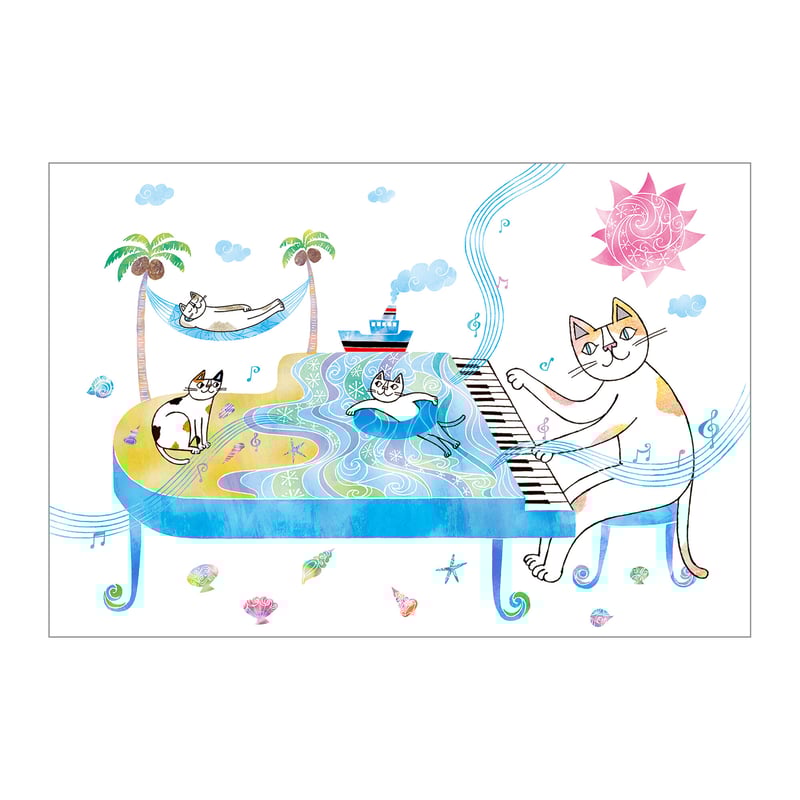 ※しも様※　おまとめ２点　ネコちゃん　ストーンアートとウェルカムボード おかべてつろう ねこ夏ポストカード【太陽と波音のハーモニー