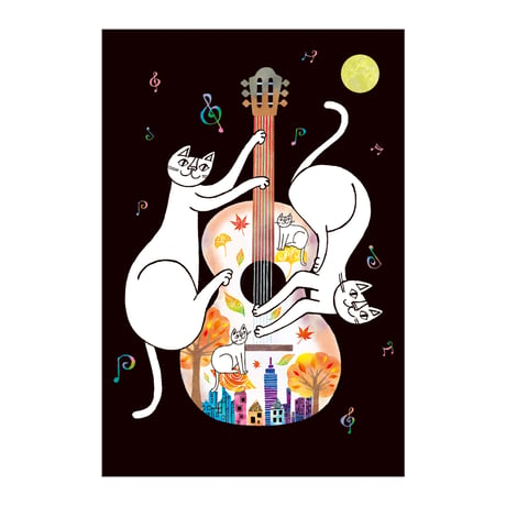 おかべてつろう ねこ秋ポストカード【月夜の演奏会】