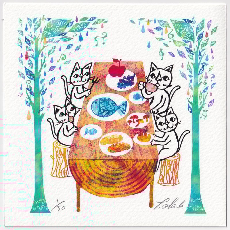 おかべてつろう 額装ジークレープリント【森のレストラン】 | おかべて