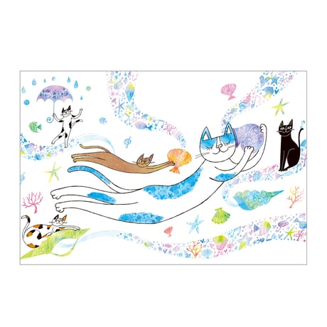 おかべてつろう ねこ夏ポストカード【貝がらたちが奏でる曲は】※在庫限り