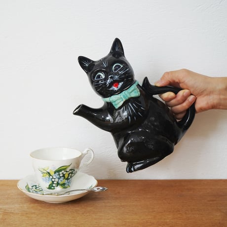 Black Cat Tea Pot "CHARLIE" / 英国製キャット・ティーポット  "チャーリー"(Green Bow)