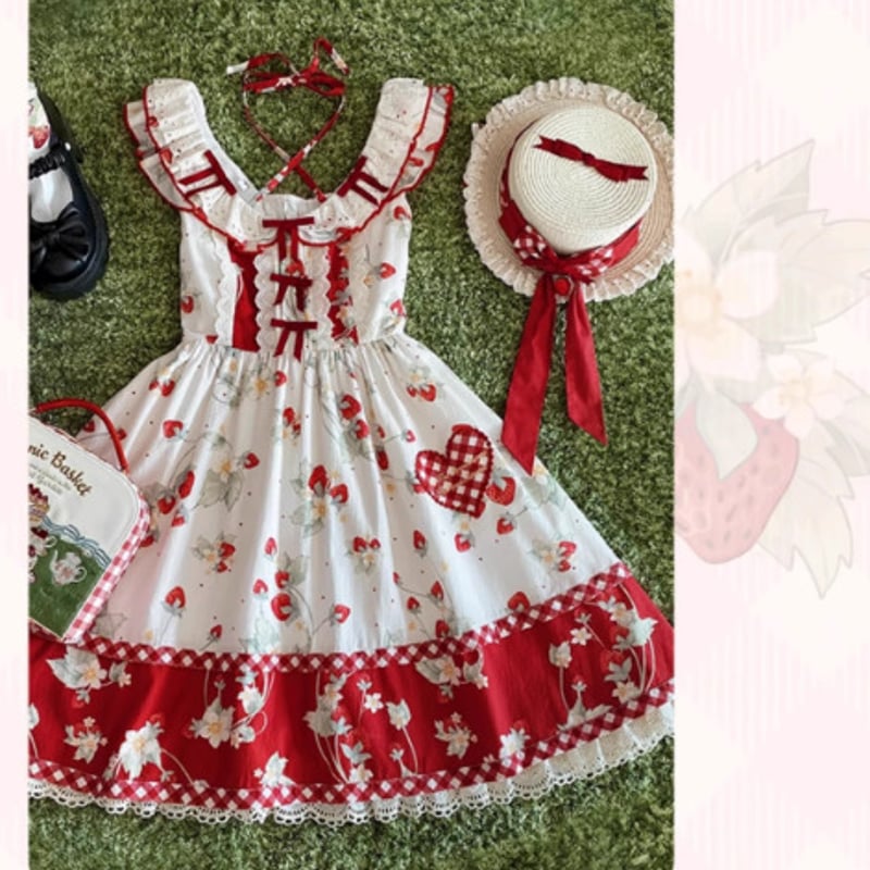 いちご柄ジャンスカ 春夏 ノースリーブ フリル JSKのみ いちご柄ジャンスカ 春夏 ノースリーブ フリル JSKのみ
