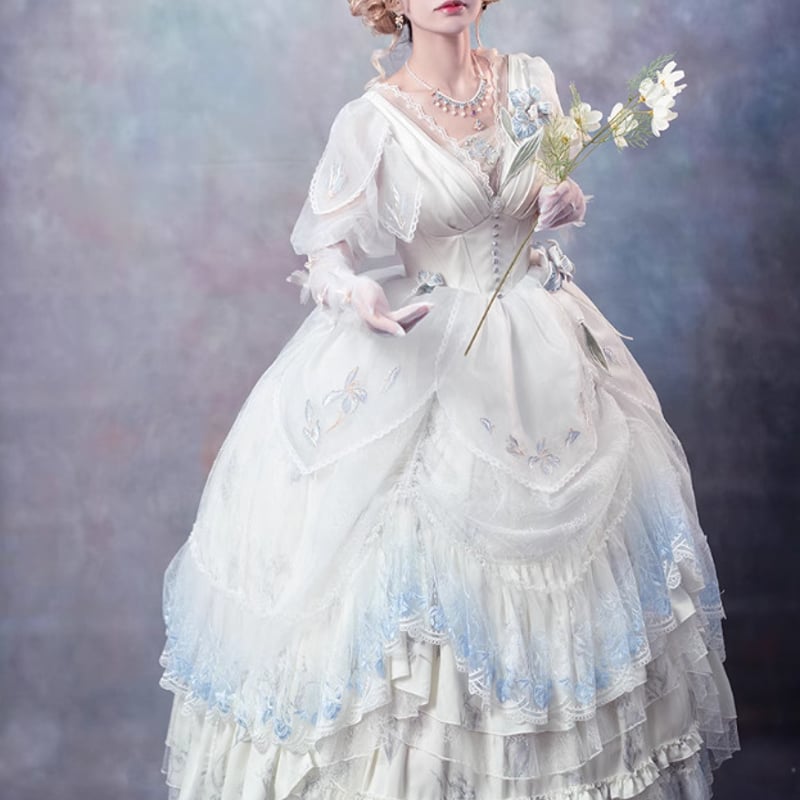 ロリータドレス のみ 2色 ロング丈 半袖 シフォン レース フリル