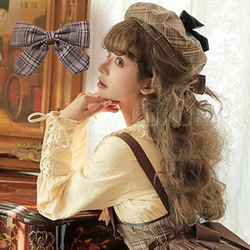 ロリータファッション パンク サイドリボンリボンクリップ チェック柄