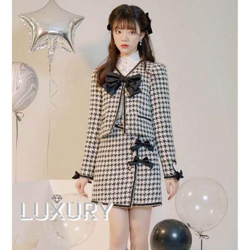 セミロリータ ジャケット ブラックホワイト 千鳥格子 リボン 長袖 胸元