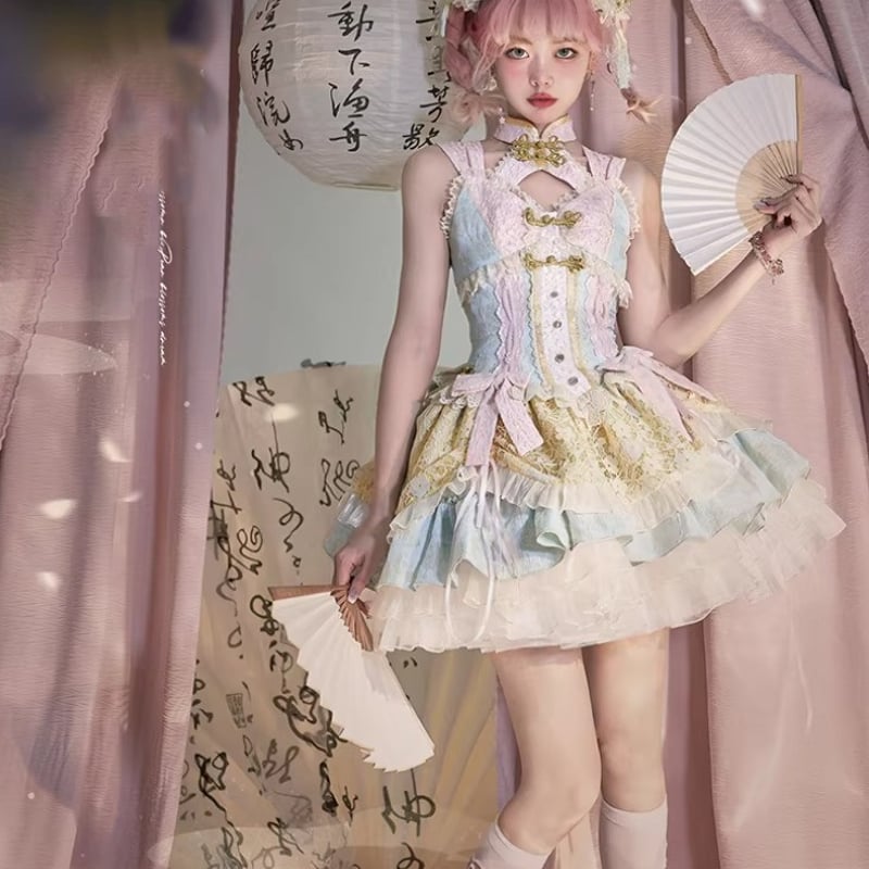 華ロリ 中華ロリ ジャンパースカート + ケープ のみ 4色 フリル ミニ丈