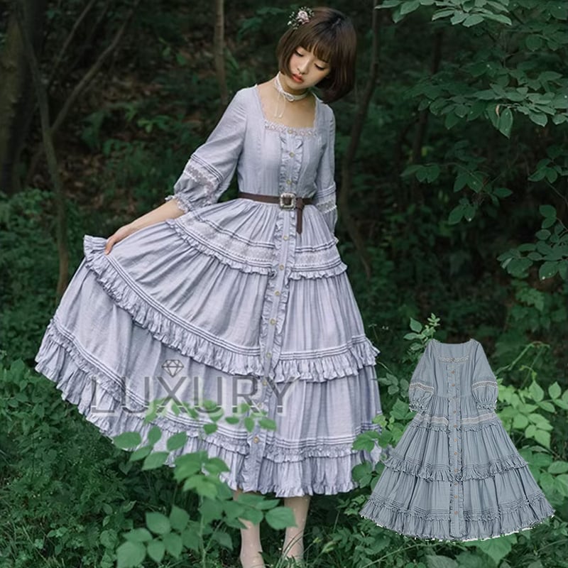 ワンピース 2色 甘ロリ カントリー レトロ ロング丈 フリル 七分