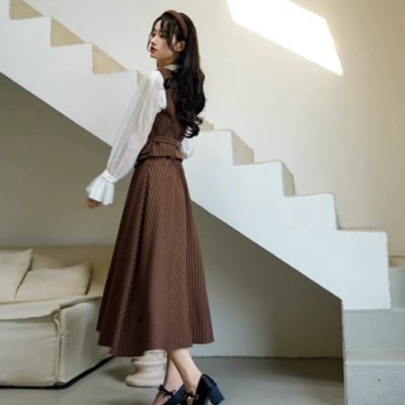 スカート 秋冬 春秋 ストライプ ブラウン ロング Aライン フレア