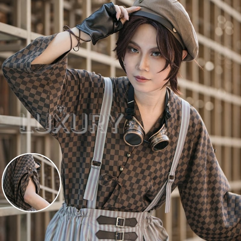 チェックシャツ Steampunk スチームパンク 七分袖 ゆったり Vネック